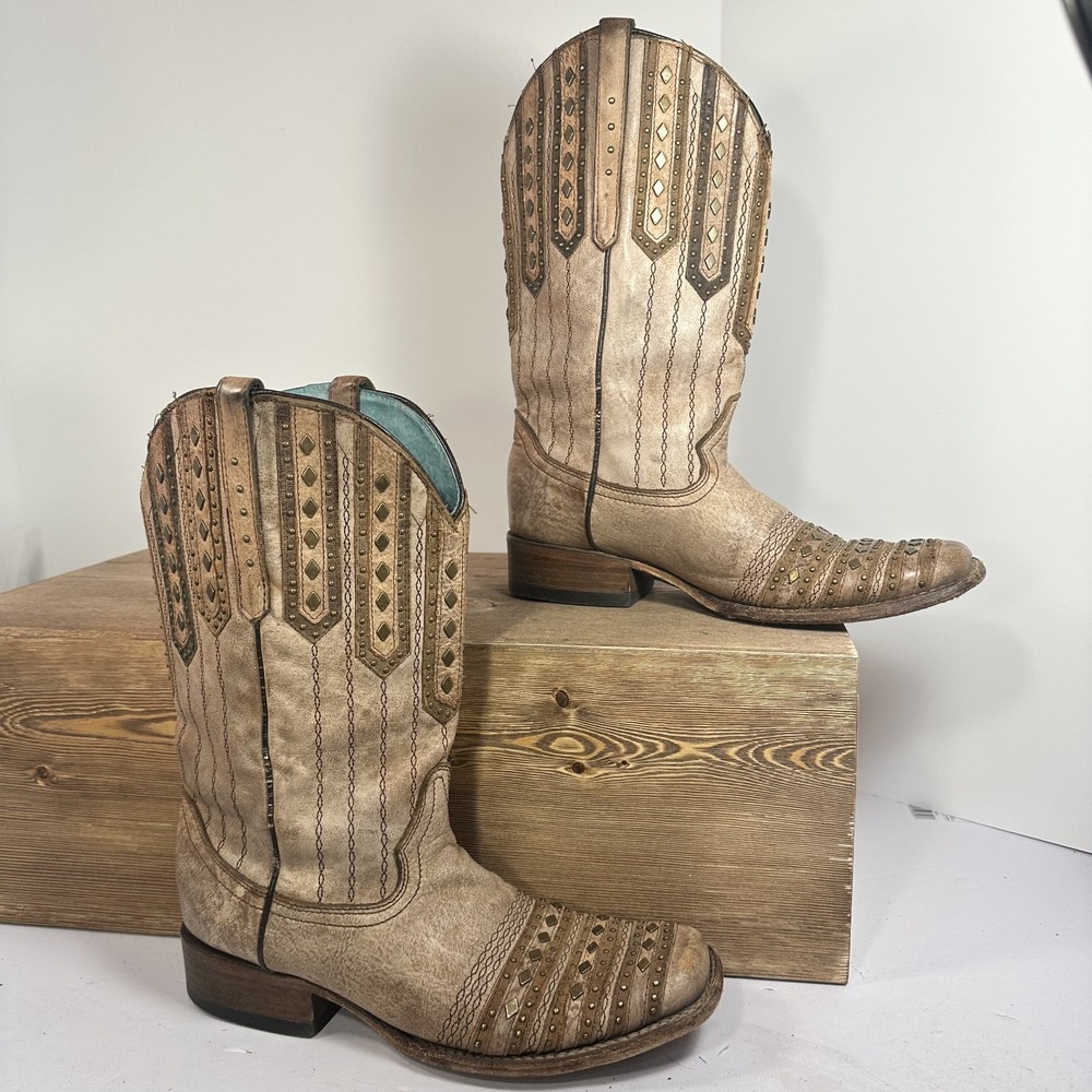 Corral Western Boots Womens 9.5 Tan Studded Square Toe Cowgirl Ranchcore C2991